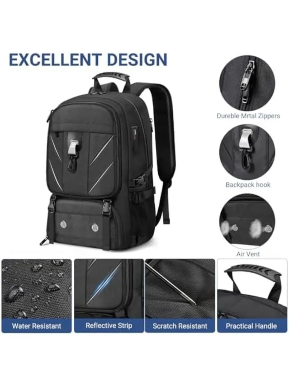 17.3” Water-Resistant Travel Laptop Backpack, Anti-Theft, USB Charging, 50L